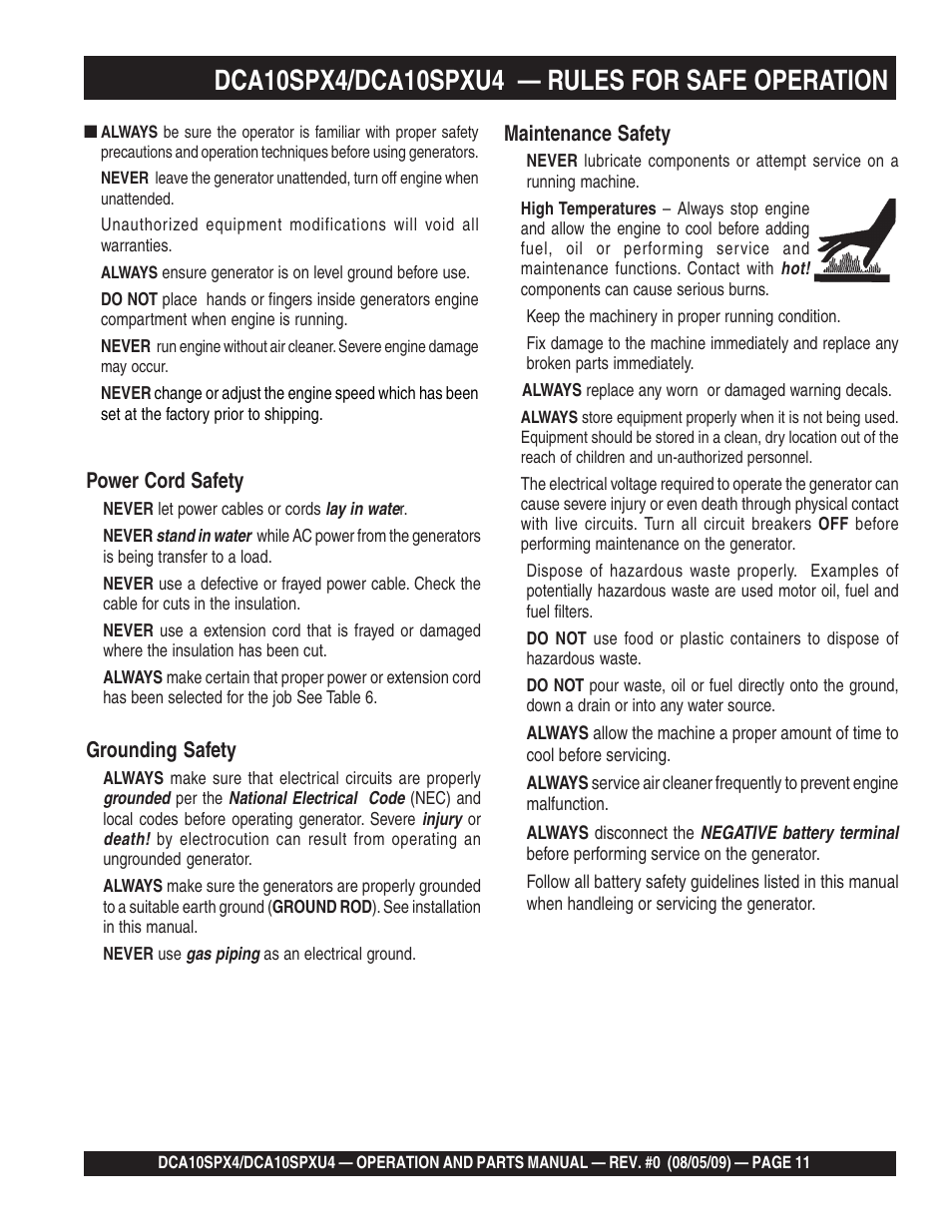 Multiquip MQ Power Whisperwatt 50 Hz Generator DCA10SPXU4 User Manual | Page 11 / 76