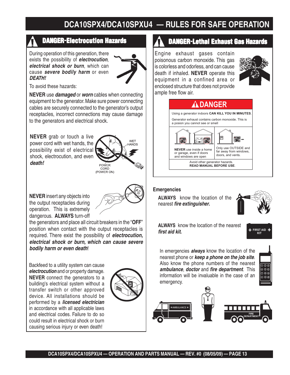 Danger, Electrocution hazards, Lethal exhaust gas hazards | Multiquip MQ Power Whisperwatt 50 Hz Generator DCA10SPXU4 User Manual | Page 13 / 76