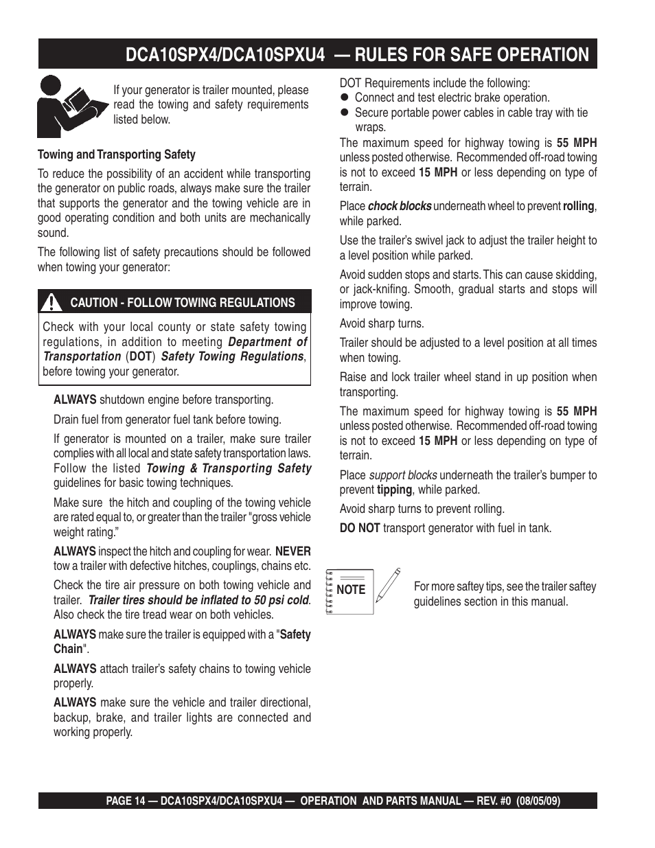 Multiquip MQ Power Whisperwatt 50 Hz Generator DCA10SPXU4 User Manual | Page 14 / 76