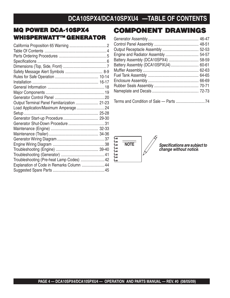 Multiquip MQ Power Whisperwatt 50 Hz Generator DCA10SPXU4 User Manual | Page 4 / 76