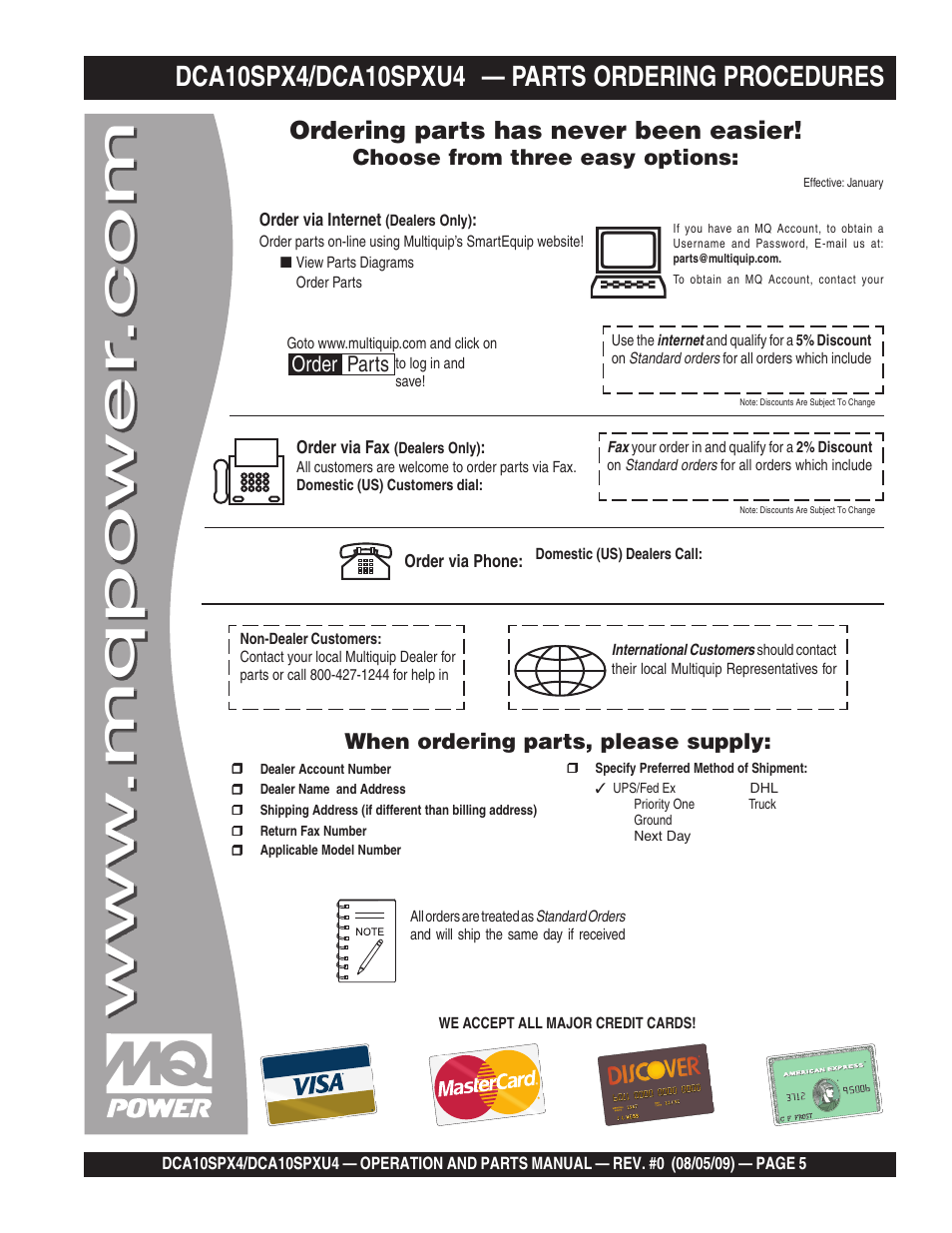 Parts ordering procedures, Ordering parts has never been easier | Multiquip MQ Power Whisperwatt 50 Hz Generator DCA10SPXU4 User Manual | Page 5 / 76