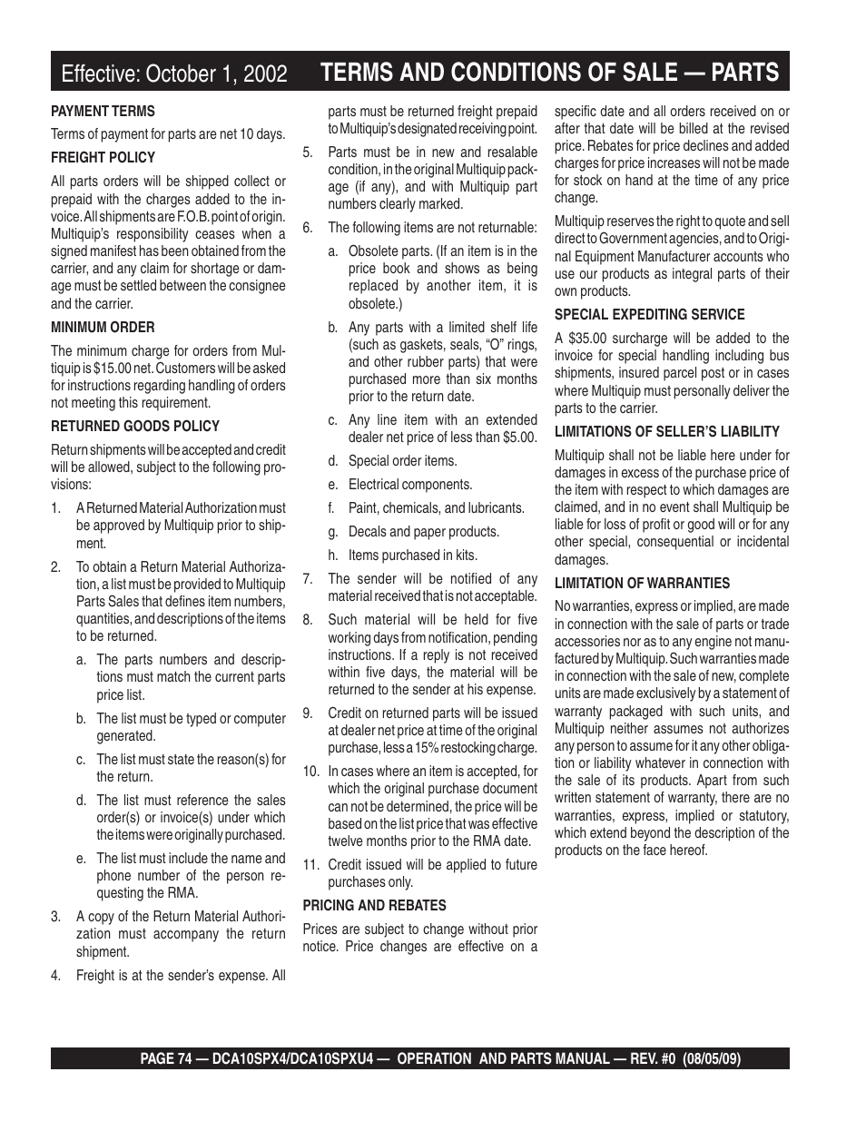 Terms and conditions of sale — parts | Multiquip MQ Power Whisperwatt 50 Hz Generator DCA10SPXU4 User Manual | Page 74 / 76