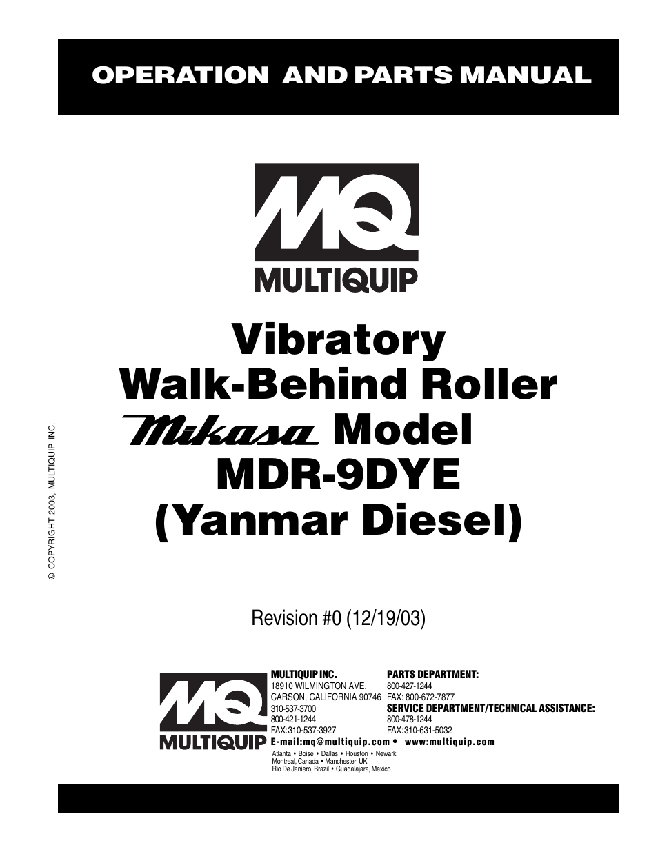 Multiquip Mikasa Vibratory Walk-Behind Roller MDR-9DYE User Manual | 90 pages