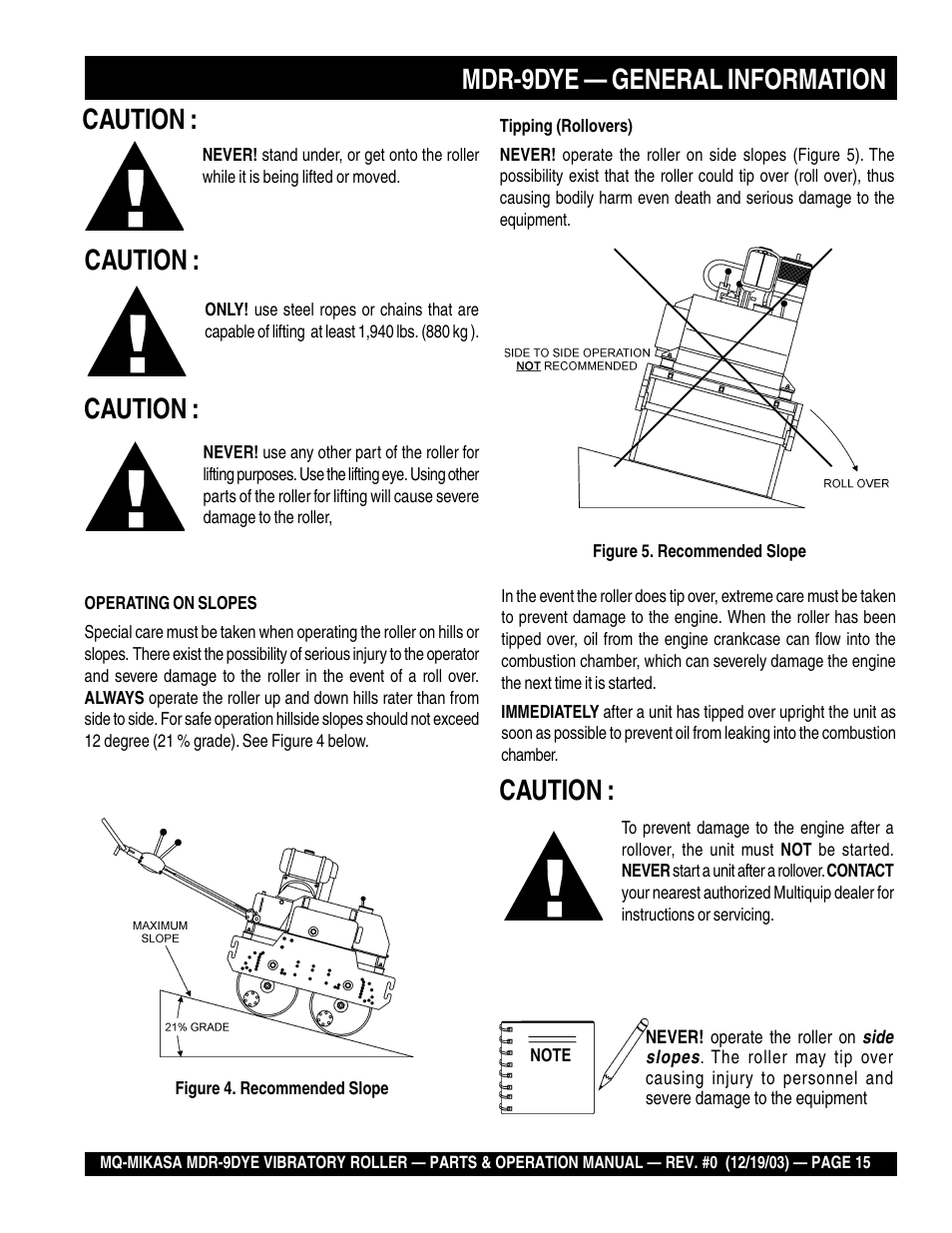 Mdr-9dye — general information, Caution | Multiquip Mikasa Vibratory Walk-Behind Roller MDR-9DYE User Manual | Page 15 / 90