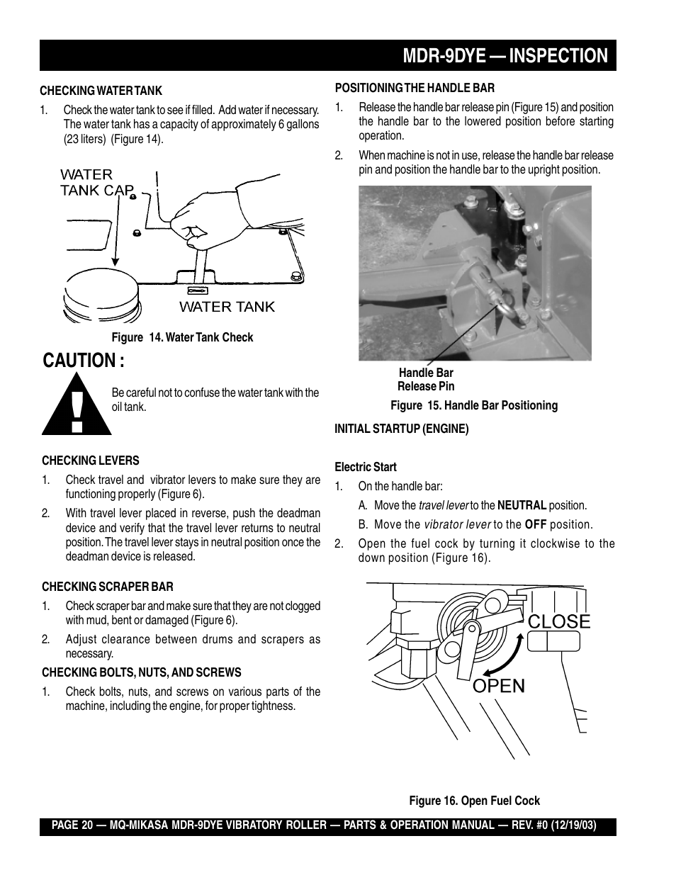 Caution, Mdr-9dye — inspection | Multiquip Mikasa Vibratory Walk-Behind Roller MDR-9DYE User Manual | Page 20 / 90