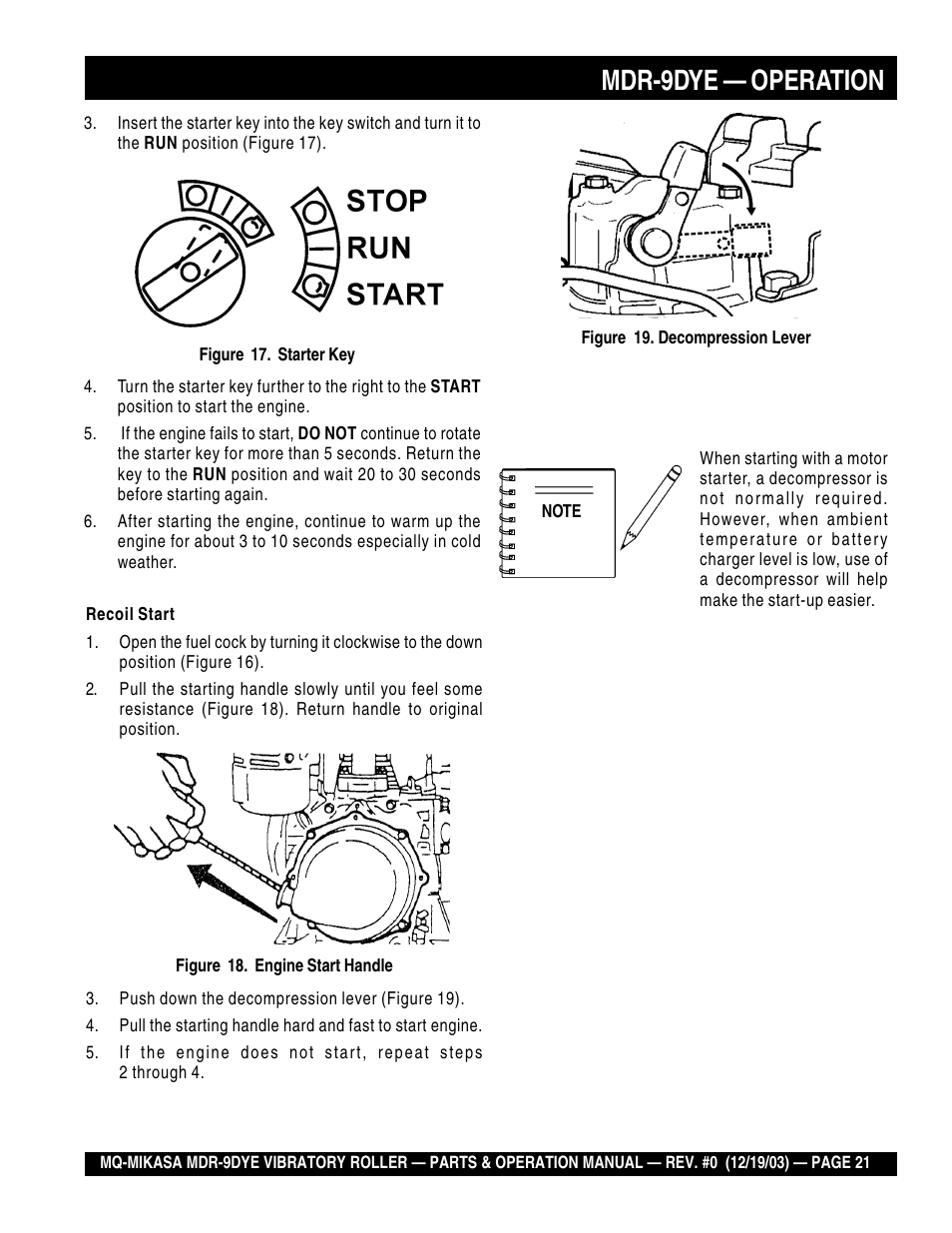 Mdr-9dye — operation | Multiquip Mikasa Vibratory Walk-Behind Roller MDR-9DYE User Manual | Page 21 / 90