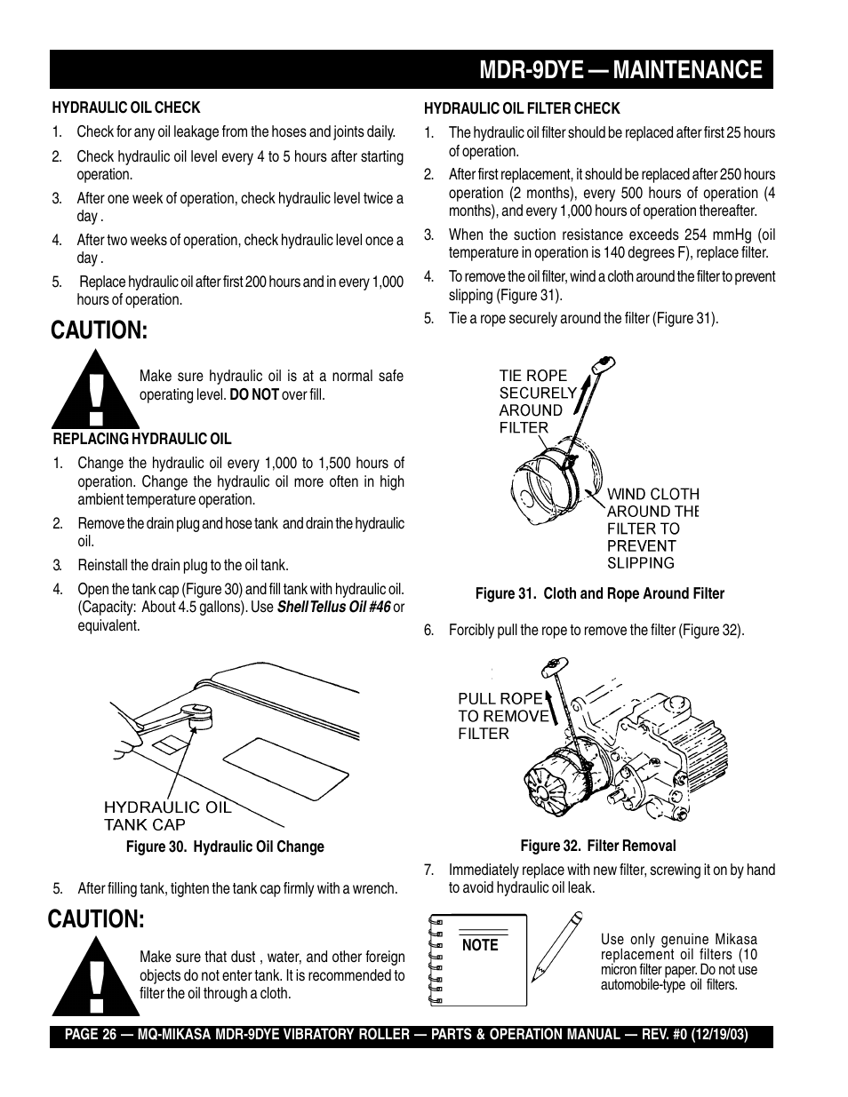 Mdr-9dye — maintenance, Caution | Multiquip Mikasa Vibratory Walk-Behind Roller MDR-9DYE User Manual | Page 26 / 90