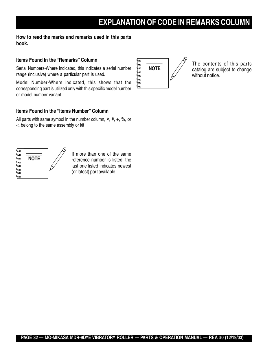 Explanation of code in remarks column | Multiquip Mikasa Vibratory Walk-Behind Roller MDR-9DYE User Manual | Page 32 / 90