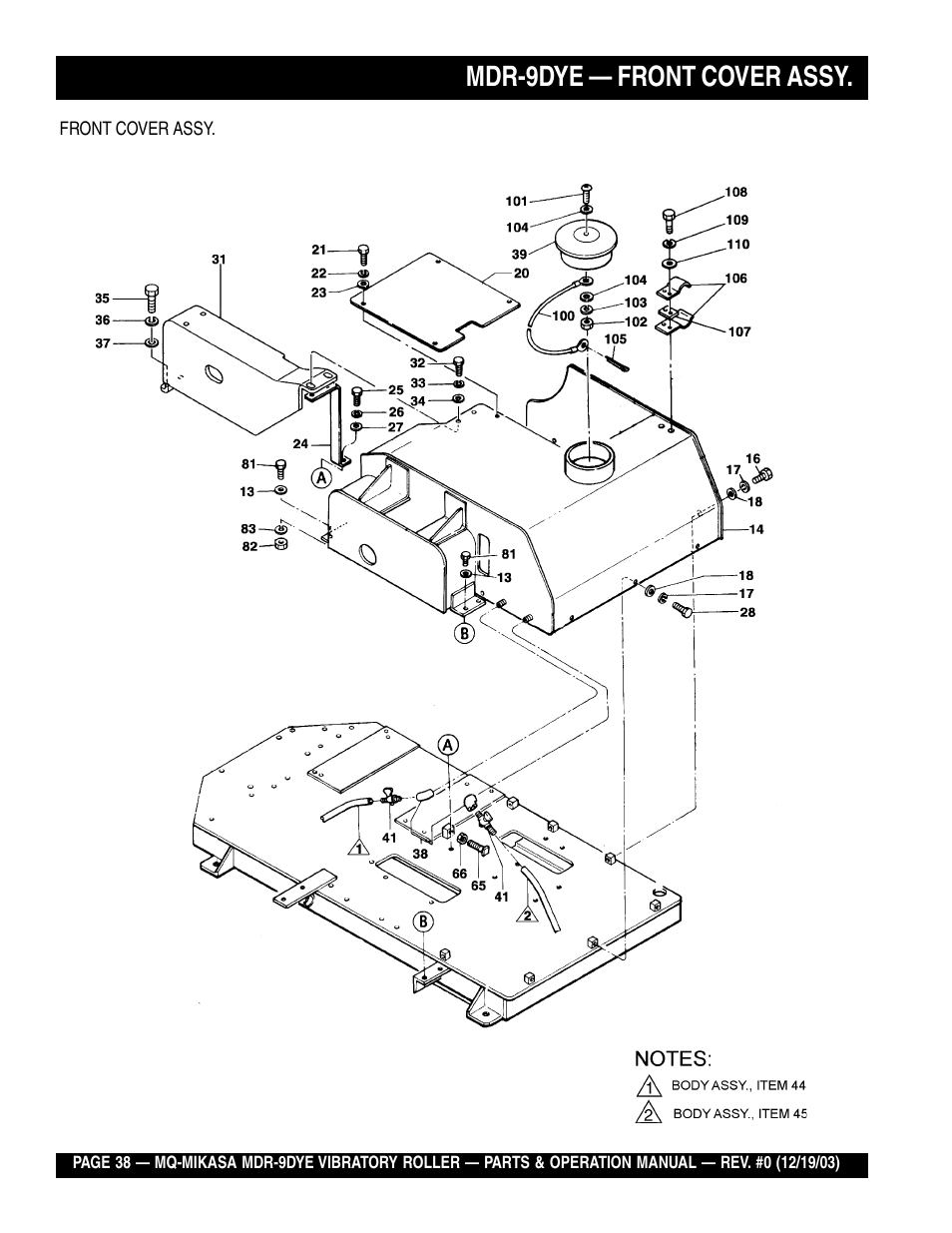 Mdr-9dye — front cover assy | Multiquip Mikasa Vibratory Walk-Behind Roller MDR-9DYE User Manual | Page 38 / 90