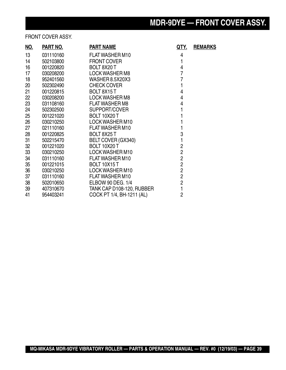 Mdr-9dye — front cover assy | Multiquip Mikasa Vibratory Walk-Behind Roller MDR-9DYE User Manual | Page 39 / 90