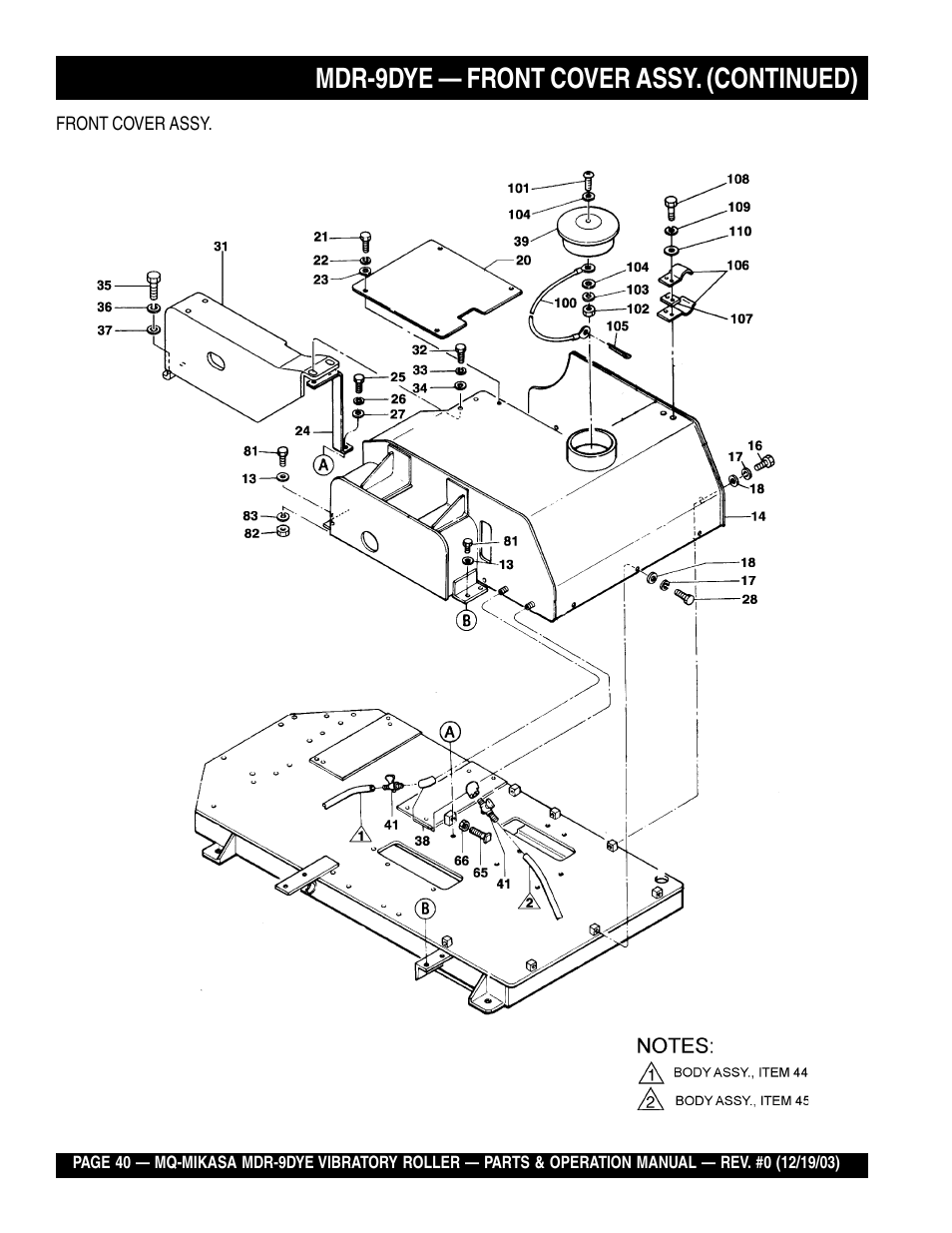 Mdr-9dye — front cover assy. (continued) | Multiquip Mikasa Vibratory Walk-Behind Roller MDR-9DYE User Manual | Page 40 / 90