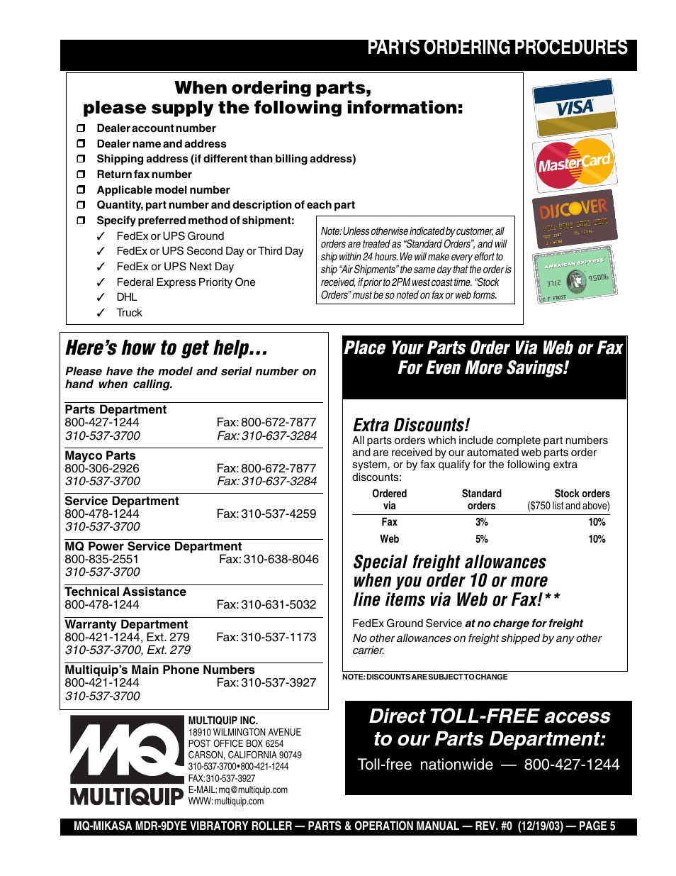 Parts ordering procedures, Here’s how to get help, Direct toll-free access to our parts department | Extra discounts | Multiquip Mikasa Vibratory Walk-Behind Roller MDR-9DYE User Manual | Page 5 / 90