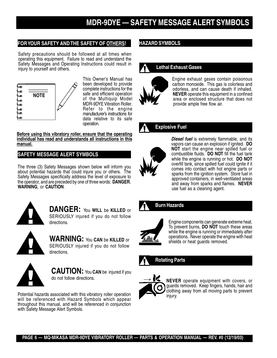 Mdr-9dye — safety message alert symbols, Danger, Warning | Caution | Multiquip Mikasa Vibratory Walk-Behind Roller MDR-9DYE User Manual | Page 6 / 90