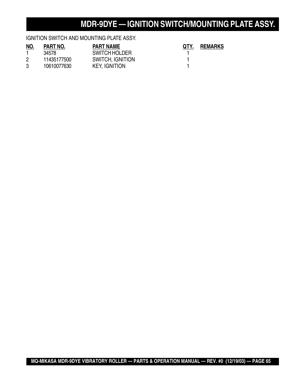 Mdr-9dye — ignition switch/mounting plate assy | Multiquip Mikasa Vibratory Walk-Behind Roller MDR-9DYE User Manual | Page 65 / 90