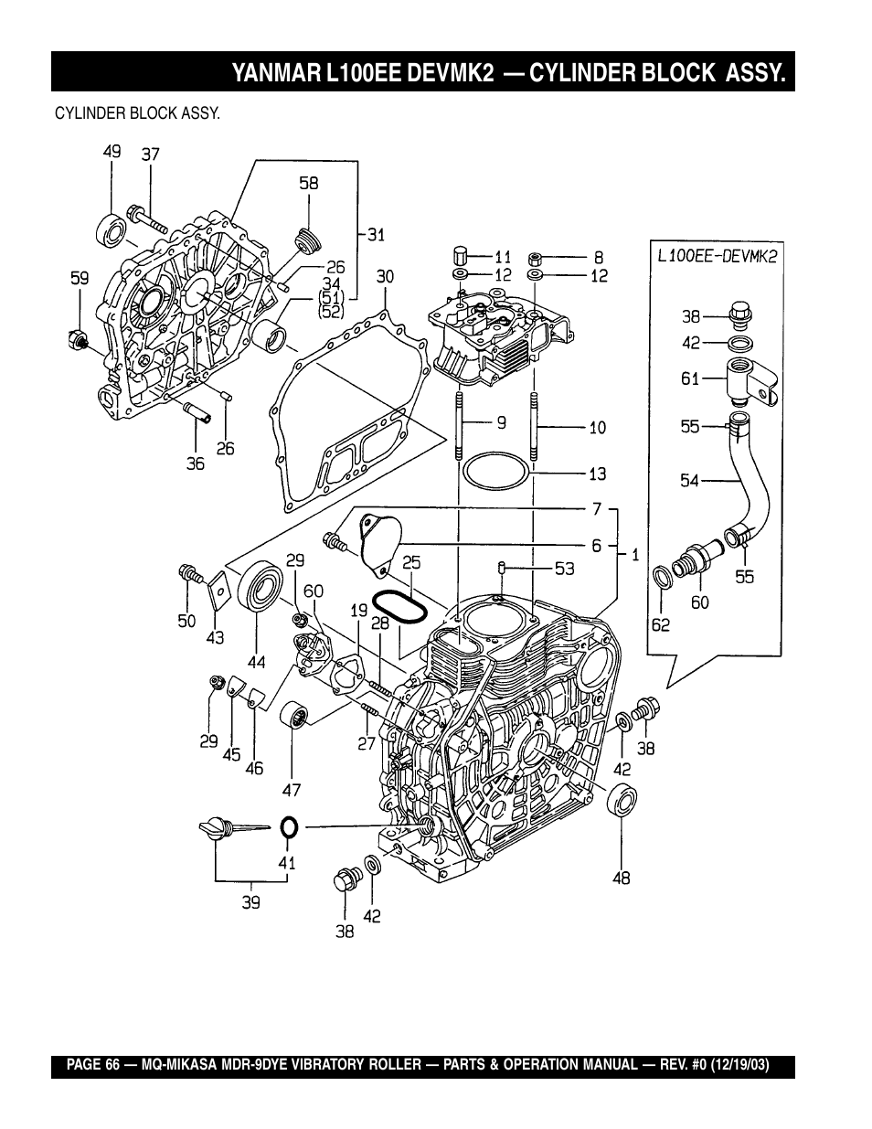 Yanmar l100ee devmk2 — cylinder block assy | Multiquip Mikasa Vibratory Walk-Behind Roller MDR-9DYE User Manual | Page 66 / 90