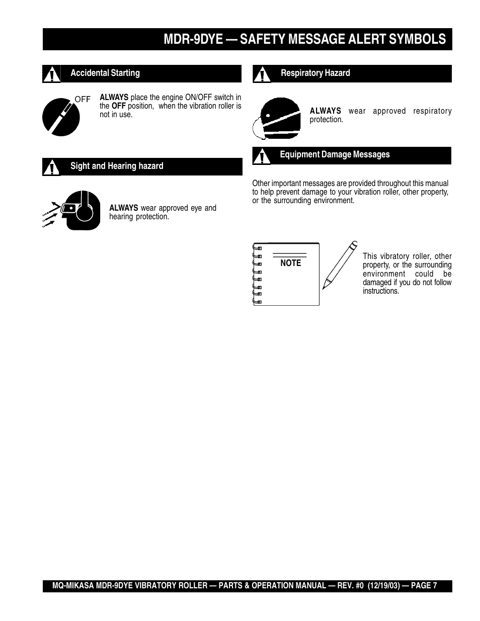 Mdr-9dye — safety message alert symbols | Multiquip Mikasa Vibratory Walk-Behind Roller MDR-9DYE User Manual | Page 7 / 90