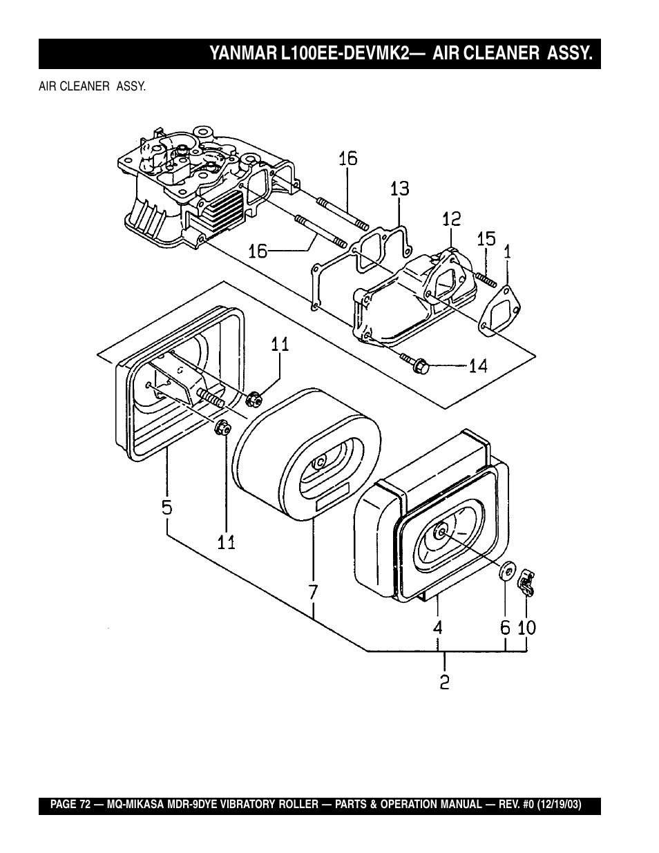 Yanmar l100ee-devmk2— air cleaner assy | Multiquip Mikasa Vibratory Walk-Behind Roller MDR-9DYE User Manual | Page 72 / 90