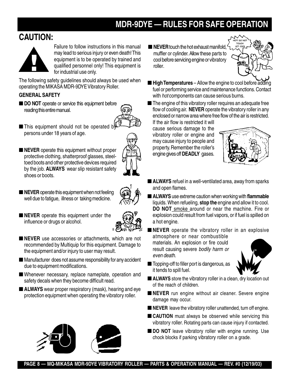 Mdr-9dye — rules for safe operation, Caution | Multiquip Mikasa Vibratory Walk-Behind Roller MDR-9DYE User Manual | Page 8 / 90