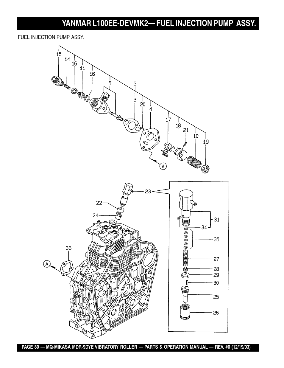 Yanmar l100ee-devmk2— fuel injection pump assy | Multiquip Mikasa Vibratory Walk-Behind Roller MDR-9DYE User Manual | Page 80 / 90