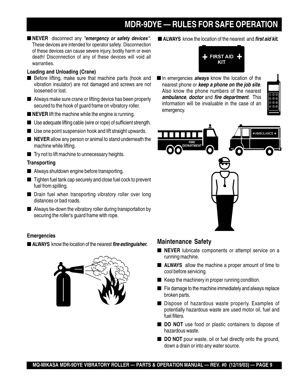 Mdr-9dye — rules for safe operation, Maintenance safety | Multiquip Mikasa Vibratory Walk-Behind Roller MDR-9DYE User Manual | Page 9 / 90