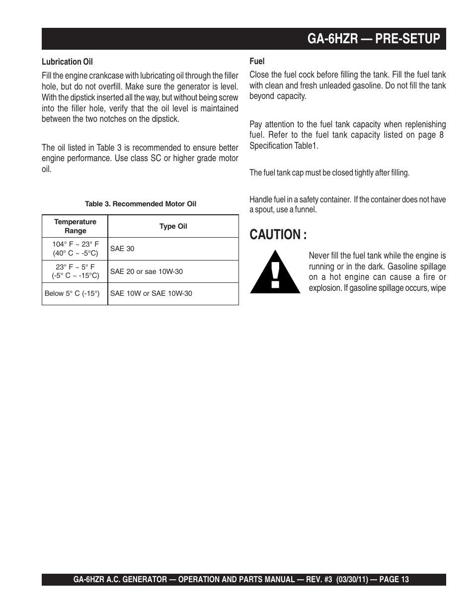 Caution, Ga-6hzr — pre-setup | Multiquip GA6HZR User Manual | Page 13 / 70