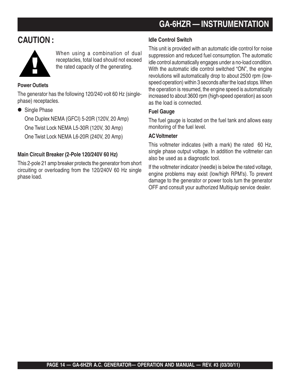Ga-6hzr — instrumentation, Caution | Multiquip GA6HZR User Manual | Page 14 / 70