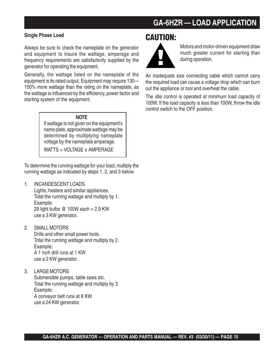Ga-6hzr — load application, Caution | Multiquip GA6HZR User Manual | Page 15 / 70