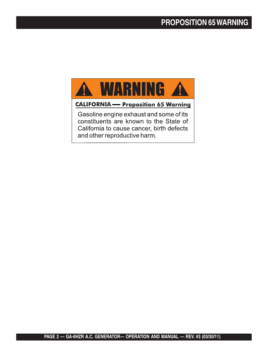 Proposition 65 warning | Multiquip GA6HZR User Manual | Page 2 / 70