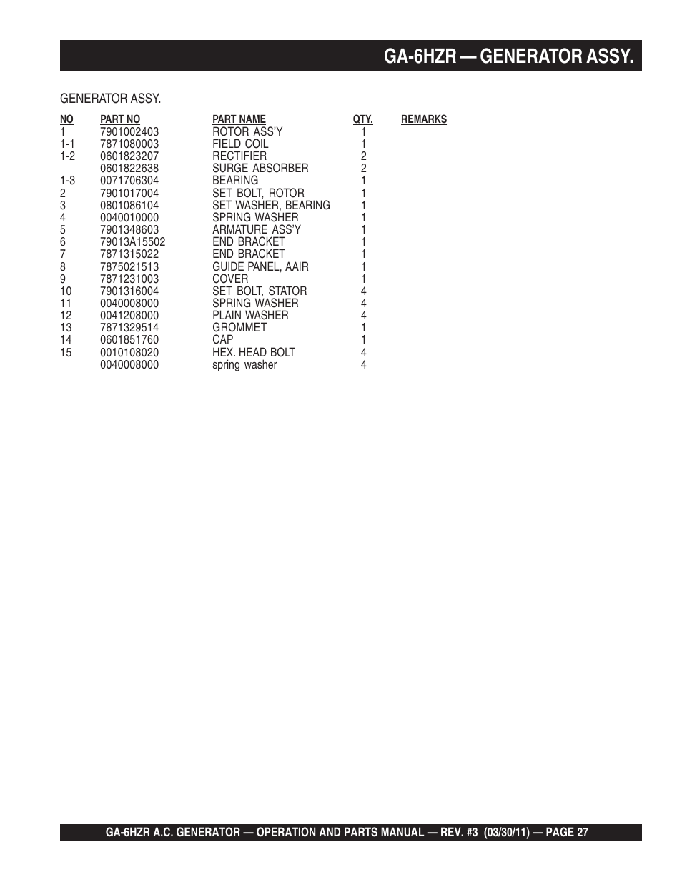 Ga-6hzr — generator assy | Multiquip GA6HZR User Manual | Page 27 / 70