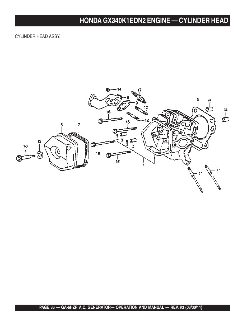Honda gx240k1 engine — cylinder head | Multiquip GA6HZR User Manual | Page 36 / 70