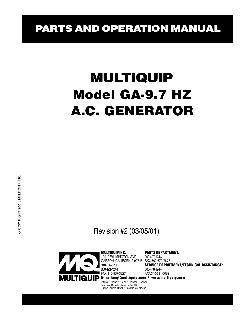 Multiquip A.C. Generator GA-9.7 HZ User Manual | 70 pages