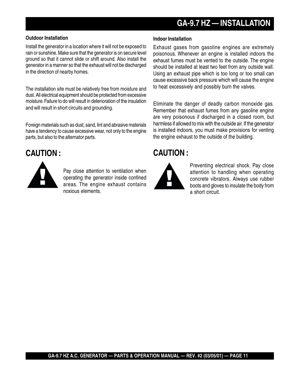 Ga-9.7 hz — installation, Caution | Multiquip A.C. Generator GA-9.7 HZ User Manual | Page 11 / 70