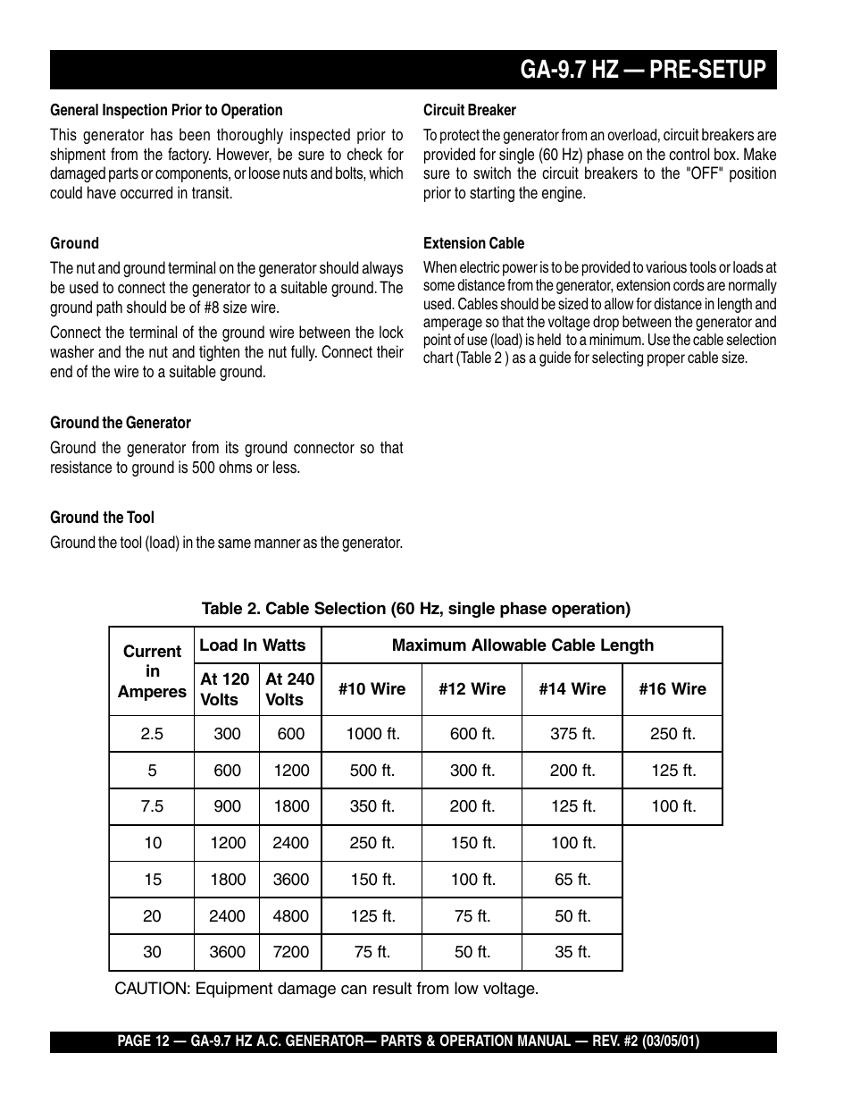 Ga-9.7 hz — pre-setup | Multiquip A.C. Generator GA-9.7 HZ User Manual | Page 12 / 70