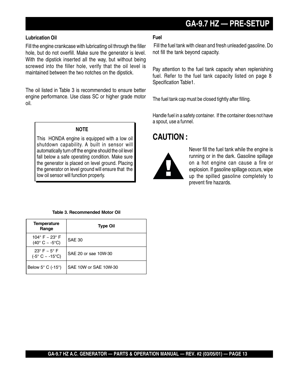 Caution, Ga-9.7 hz — pre-setup | Multiquip A.C. Generator GA-9.7 HZ User Manual | Page 13 / 70