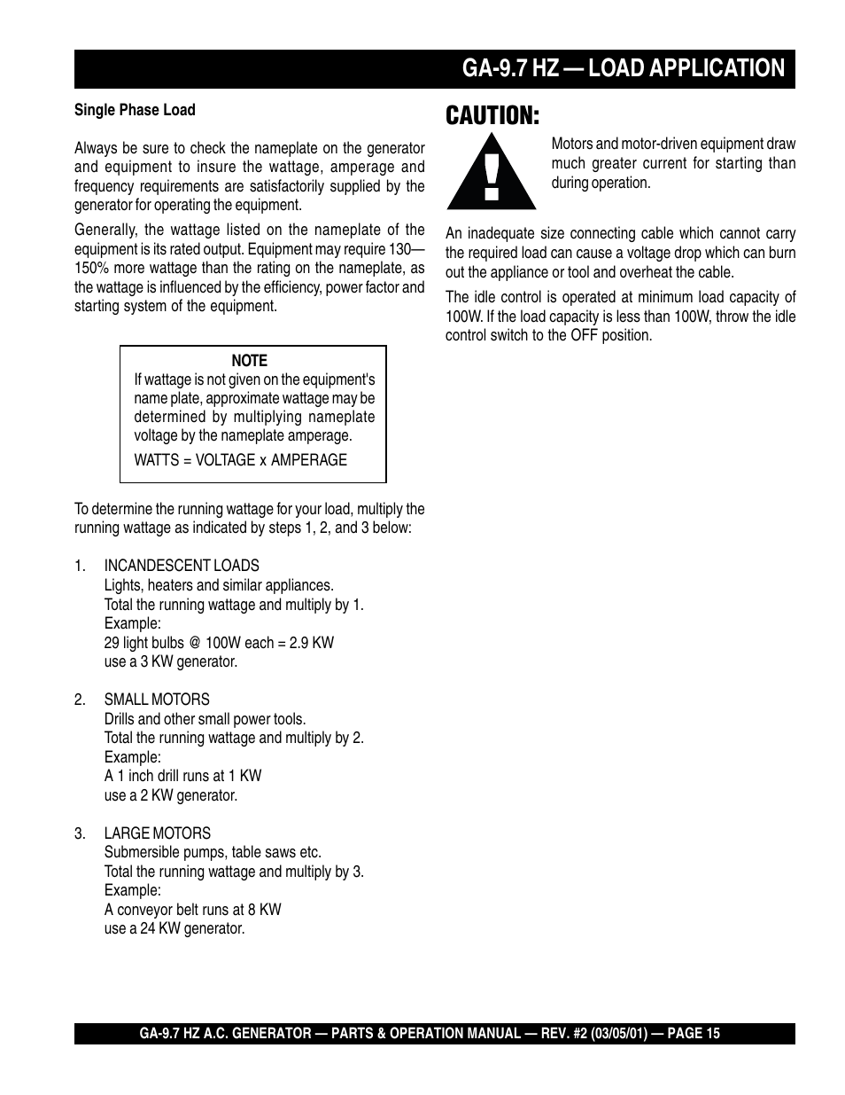 Ga-9.7 hz — load application, Caution | Multiquip A.C. Generator GA-9.7 HZ User Manual | Page 15 / 70