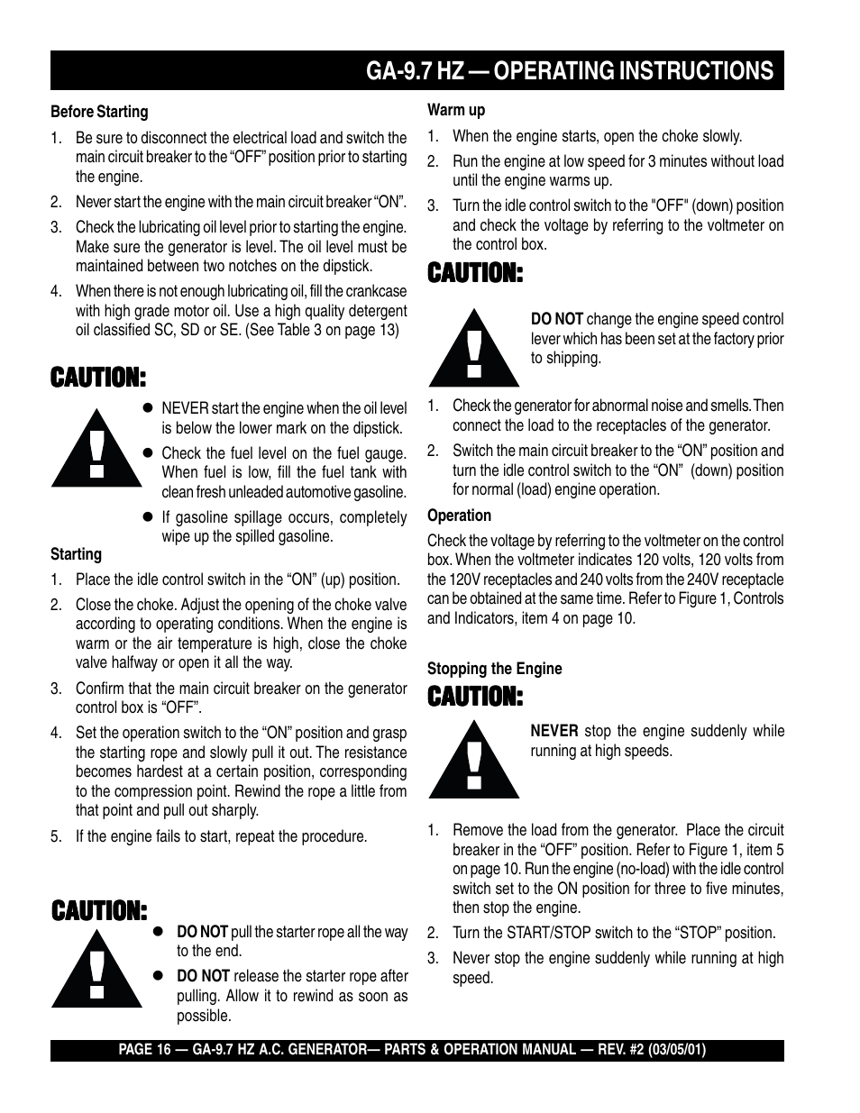 Ga-9.7 hz — operating instructions, Caution | Multiquip A.C. Generator GA-9.7 HZ User Manual | Page 16 / 70
