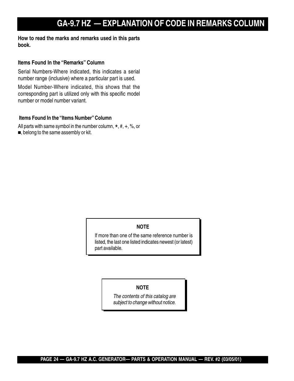 Ga-9.7 hz — explanation of code in remarks column | Multiquip A.C. Generator GA-9.7 HZ User Manual | Page 24 / 70