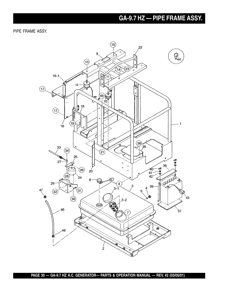 Ga-9.7 hz — pipe frame assy | Multiquip A.C. Generator GA-9.7 HZ User Manual | Page 30 / 70