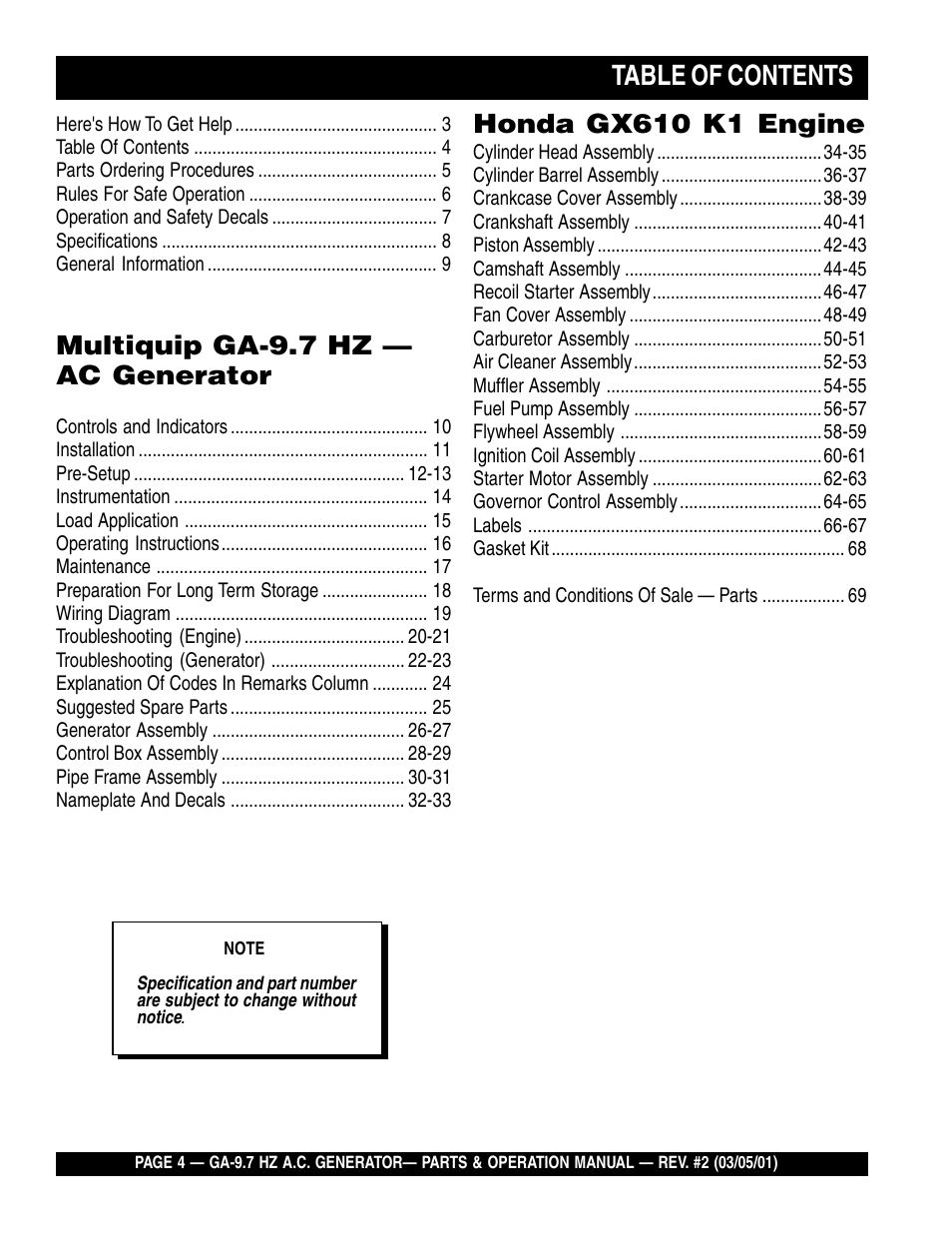 Multiquip A.C. Generator GA-9.7 HZ User Manual | Page 4 / 70