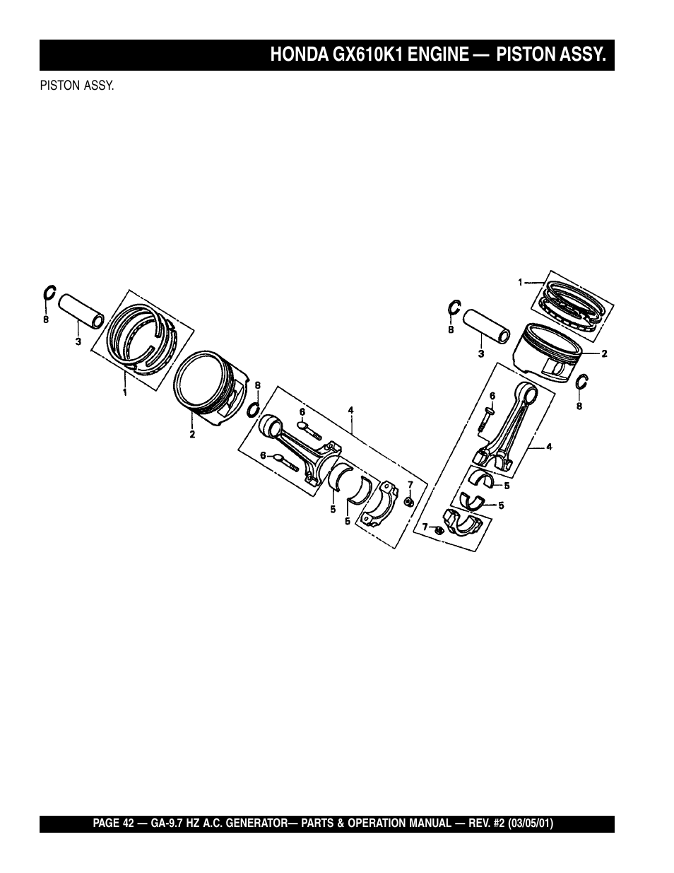 Honda gx610k1 engine — piston assy | Multiquip A.C. Generator GA-9.7 HZ User Manual | Page 42 / 70