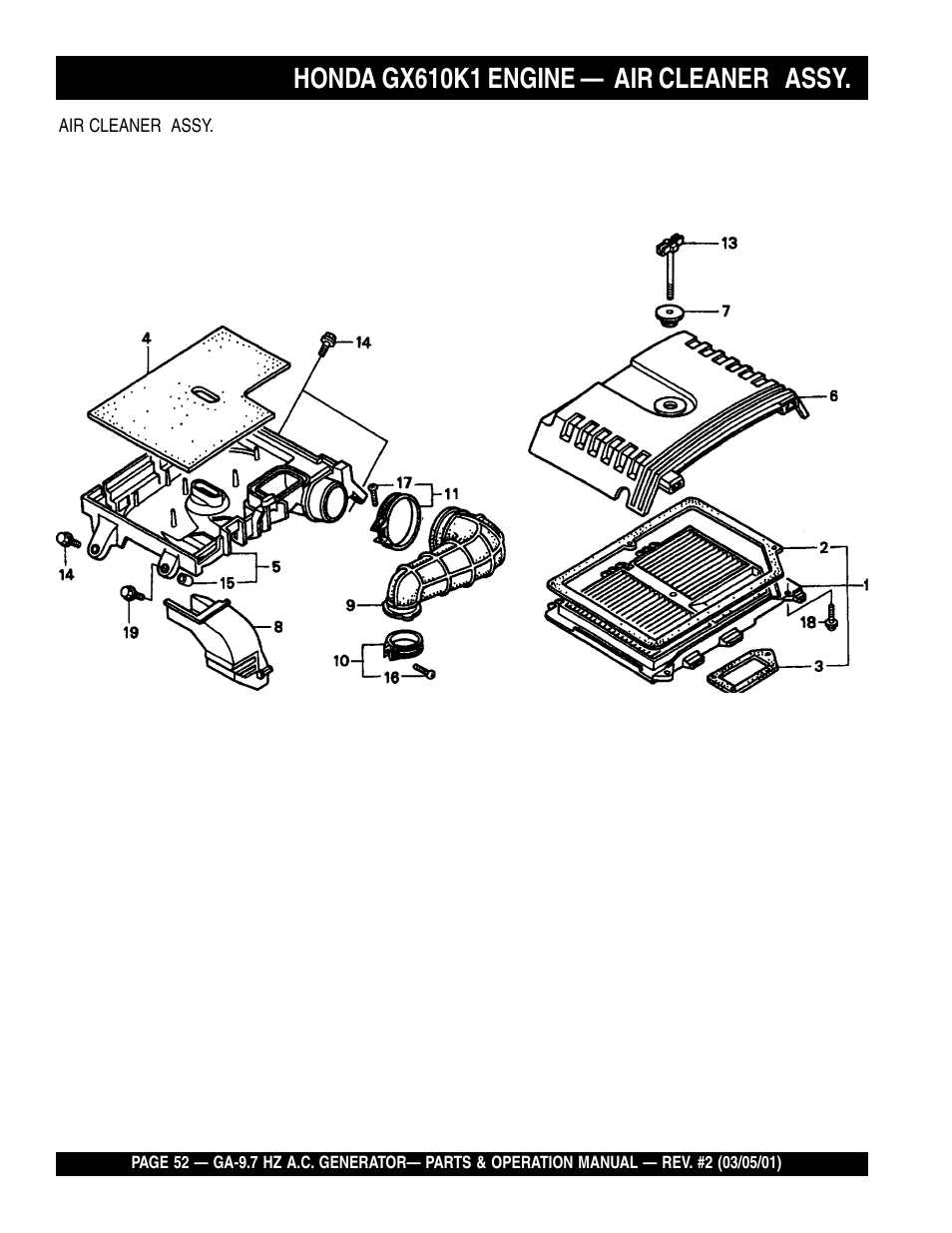 Honda gx610k1 engine — air cleaner assy | Multiquip A.C. Generator GA-9.7 HZ User Manual | Page 52 / 70
