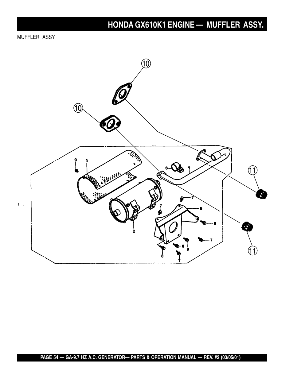 Honda gx610k1 engine — muffler assy | Multiquip A.C. Generator GA-9.7 HZ User Manual | Page 54 / 70