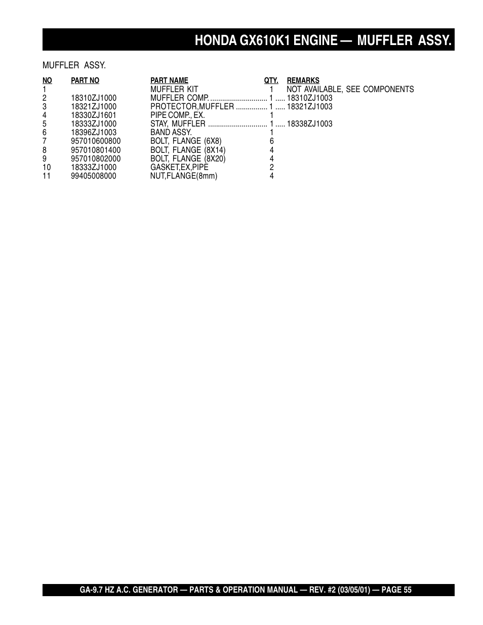 Honda gx610k1 engine — muffler assy | Multiquip A.C. Generator GA-9.7 HZ User Manual | Page 55 / 70
