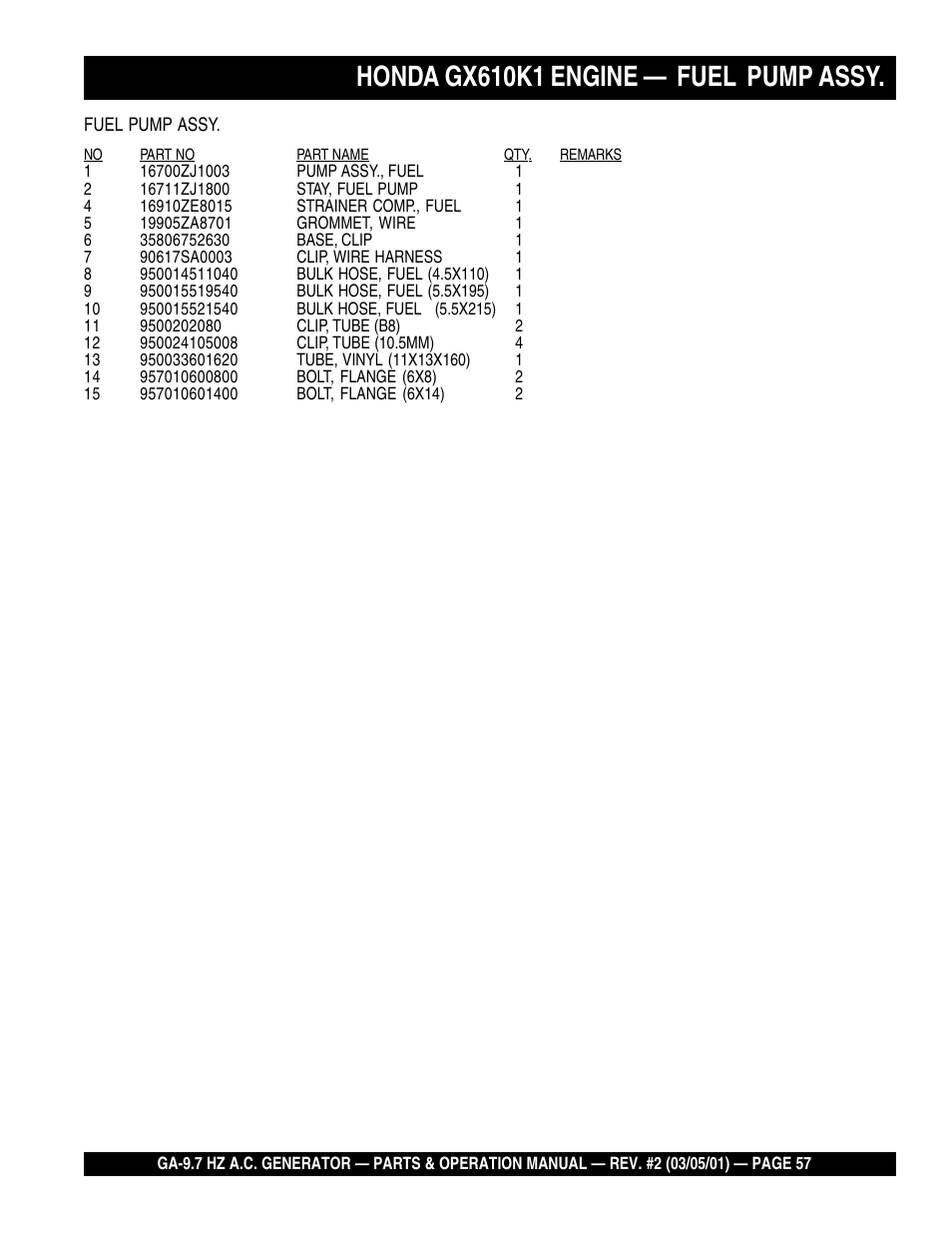 Honda gx610k1 engine — fuel pump assy | Multiquip A.C. Generator GA-9.7 HZ User Manual | Page 57 / 70