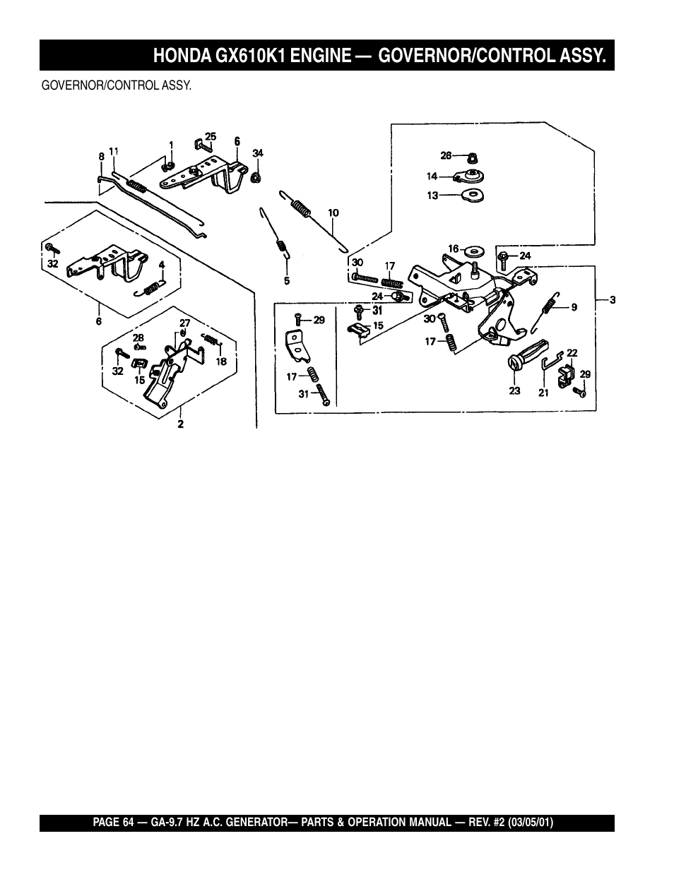 Honda gx610k1 engine — governor/control assy | Multiquip A.C. Generator GA-9.7 HZ User Manual | Page 64 / 70