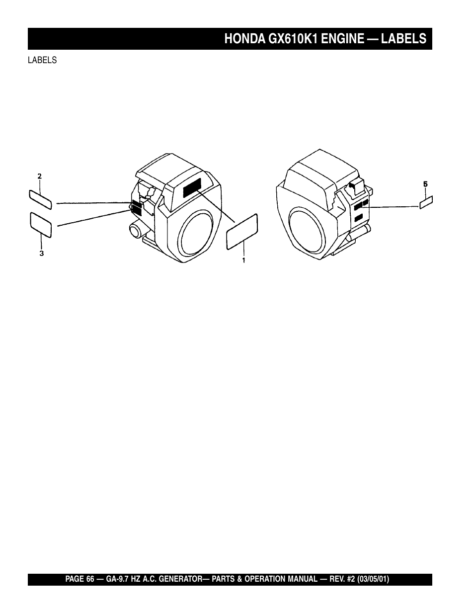 Honda gx610k1 engine — labels | Multiquip A.C. Generator GA-9.7 HZ User Manual | Page 66 / 70