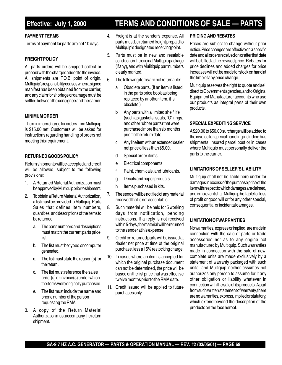 Terms and conditions of, Sale — parts | Multiquip A.C. Generator GA-9.7 HZ User Manual | Page 69 / 70