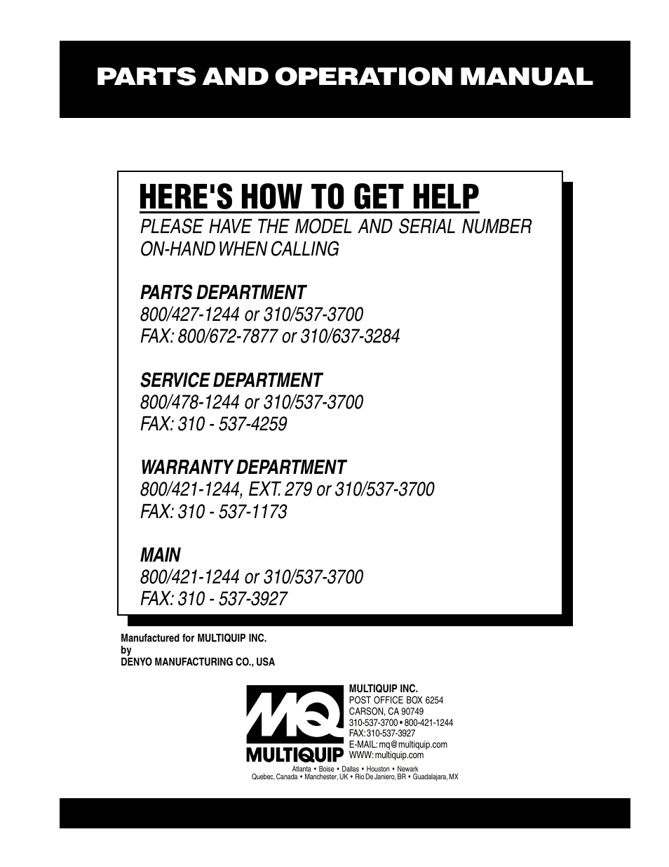 Here's how to get help, Parts and operation manual | Multiquip A.C. Generator GA-9.7 HZ User Manual | Page 70 / 70