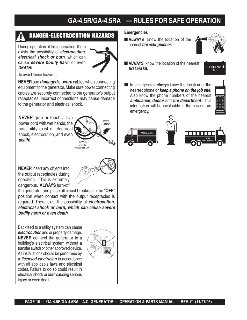 Ga-4.5r/ga-4.5ra — rules for safe operation | Multiquip Portable AC Generator GA4.5R User Manual | Page 10 / 68