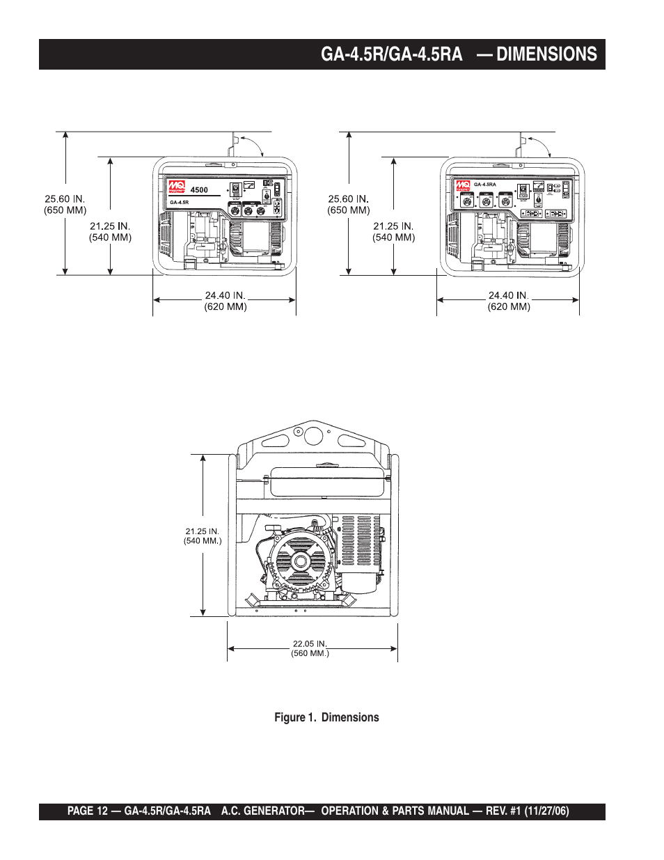 Ga-4.5r/ga-4.5ra — dimensions | Multiquip Portable AC Generator GA4.5R User Manual | Page 12 / 68